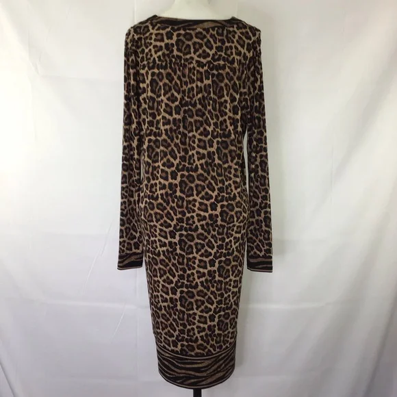 MICHAEL KORS WOMEN LEOPARD/ TIGER SHEATH LONG-SLEEVE DRESS SIZE L GOLD CHAIN - Picture 2 of 8